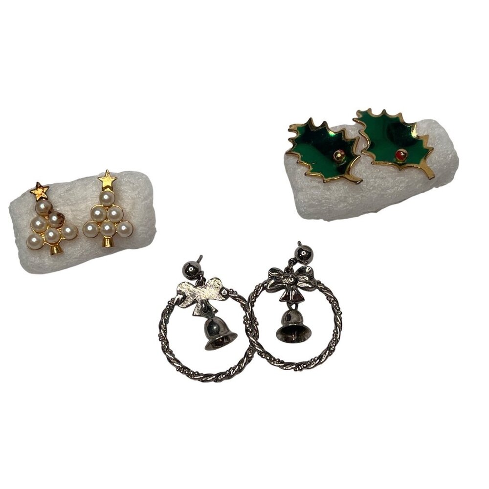 Vintage Holiday Earrings Set - Silver Bell Hoops Holly Leaves & Christmas Trees